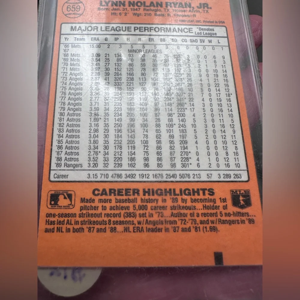 1989 Donruss Nolan Ryan Baseball Card marked by last owner “error”